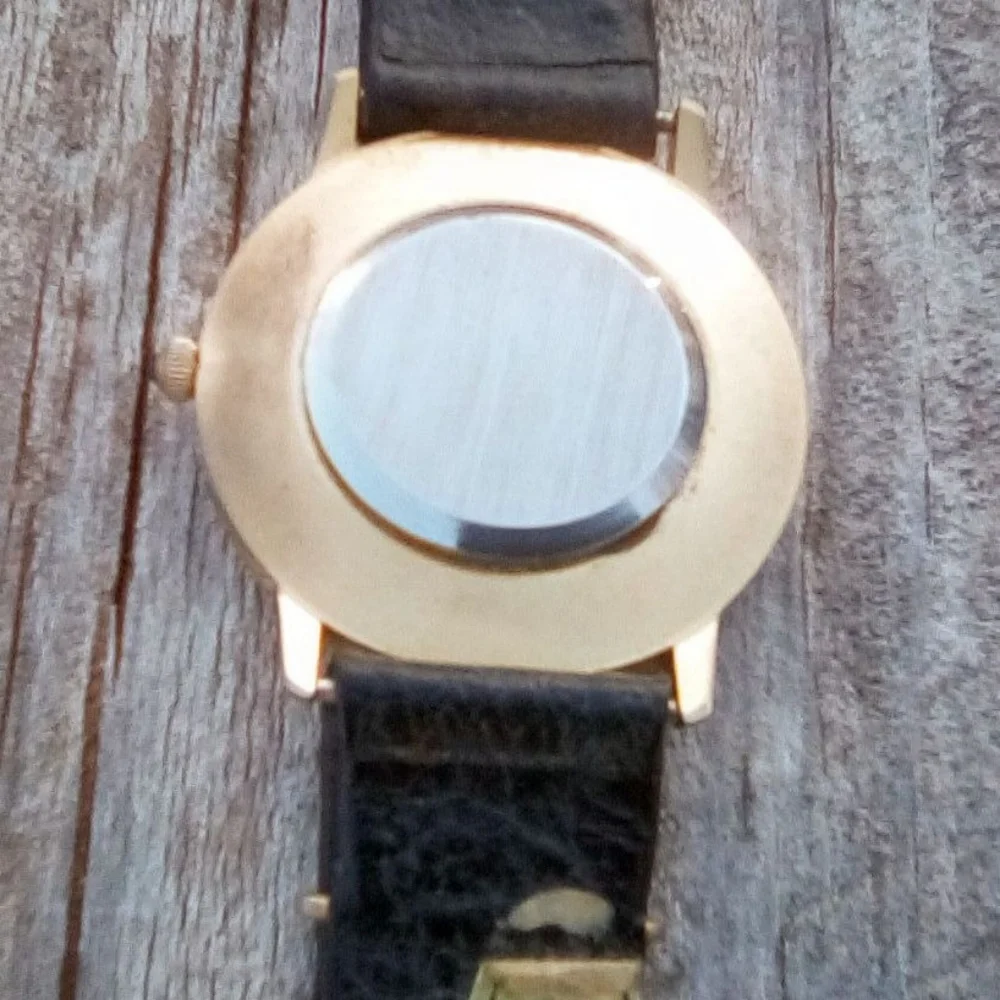 Vintage Gold-Tone Rhinestone Quartz Watch w/ Black Leather Band
